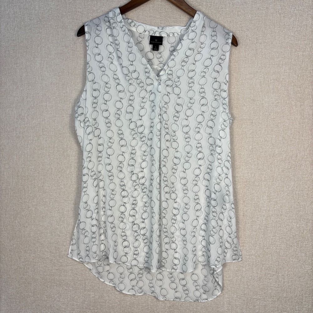 Worthington Womens Large Sleeveless V-Neck Blouse White Gray Chain Link Print